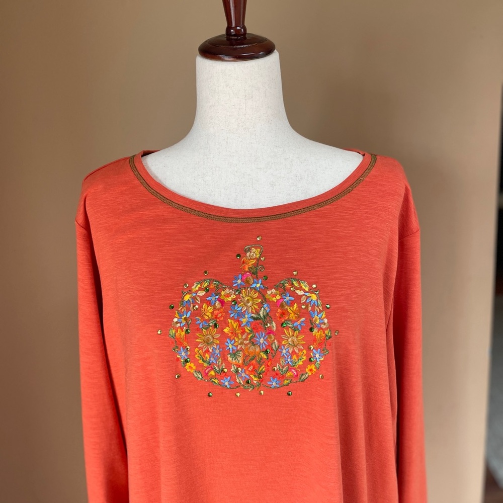 Quacker Factory Womens Pumpkin Embroidered‎ Long Sleeve Top 2X Halloween Fall - Picture 4 of 9